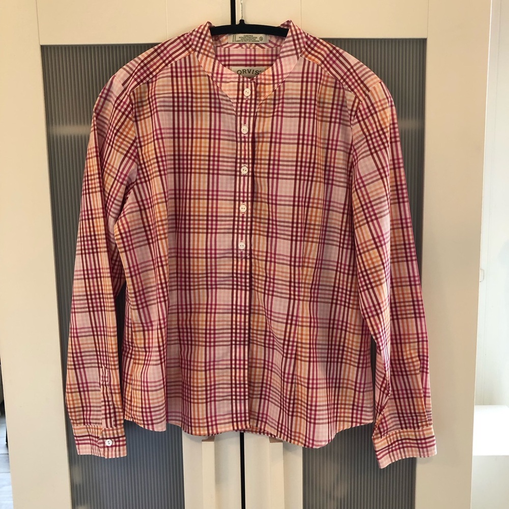 Orvis Carefree Plaid Mandarin Collar Button Up Popover Style Size 14
